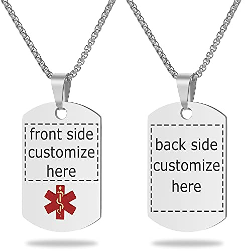 UNICGIFT Medical Alert Necklace Free Custom Engraving Personalized Gift Polished Stainless Steel ID Tag Pendant for Men Women