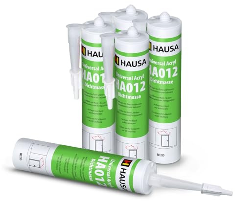 HAUSA Maler-Acryl 5x 310ml elastische Acryl-Dichtmasse HA012 für Fugen im Innen & Außen Bauacryl zum Verfugen von Türen Fenstern Fensterblättern, Füllen von Wand- Decken- Fassadenrissen, weiß