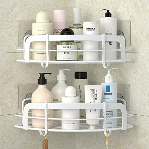 STEUGO 2-Pack doccia angolare con 4 ganci adesivo, bagno doccia rack resistente alla ruggine SUS304 acciaio inossidabile per dormitorio bagno di stoccaggio cucina (bianco)