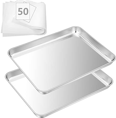 Backblech, HaWare Ofenblech 2er Set mit 50 Blatt Backpapier, Edelstahl Fettpfanne Backofen 40x30x2.5 cm, Rechteckiges Backofenblech Kuchenblech zum Backen/Kochen, Ungiftig & Gesund, Spülmaschinenfest