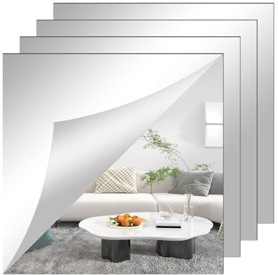 TSKDKIT HD Klebespiegel Groß 4pcs Kein Glasspiegel Spiegelfliesen Selbstklebend Spiegelblätter Flexibler Spiegelfolie Selbstklebend Acrylic Wanddekoration Dekospiegel Wandspiegel(30 x 30cm)