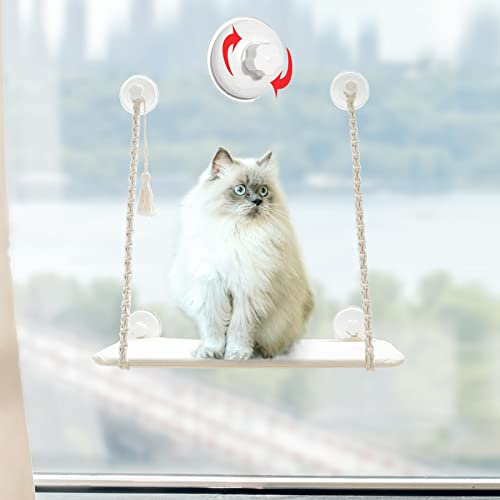 Mkono Makramee Katzenbett Fenster für Indoor-Katzen, Katzenhängematte 55 × 30 cm mit Saugnapf, Katzenregale, Fensterstange, Wandmontage, waschbar, hält bis zu 20 kg