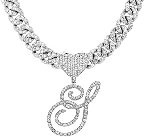 BLBLJERY S Initial Necklace Silver Cuban Link Chain for Women Iced Out Chain with Heart Letter Pendants Custom Chain Name Necklace Hip Hop Jewelry Gift