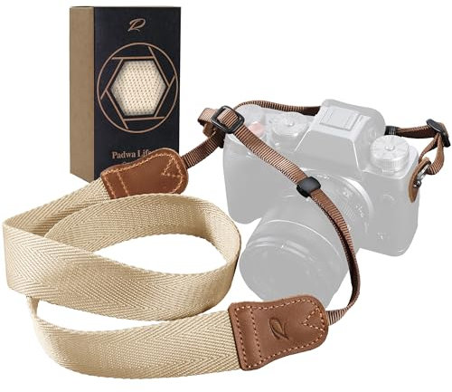 Off-White Camera Strap,Double Layer top grain Cowhide Ends,1.5 inch Pure Cotton Woven Camera Strap,Adjustable Universal Neck & Shoulder Strap for All DSLR Cameras,Great Gift for Photographers