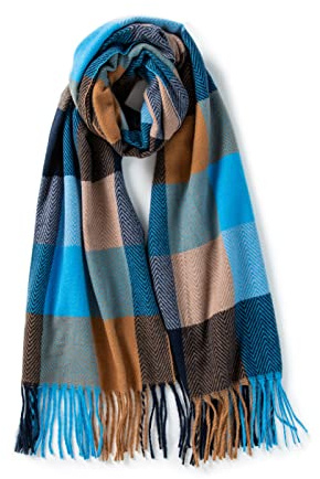 Villand Écharpe en laine pour femme - Écharpes chaudes d'hiver à carreaux pour femme, grands châles et écharpes doux et épais avec boîte-cadeau, Chameau & Bleu