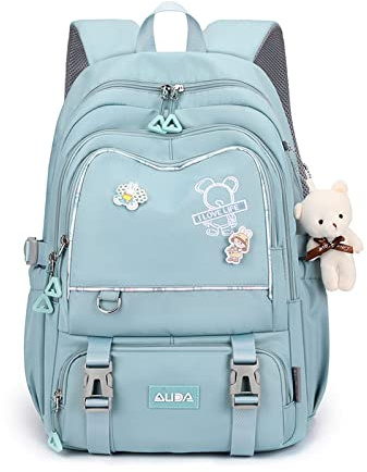 FANDARE Schulrucksack Schulrucksack Kinderrucksack Schultasche Jungen Mädchen Rucksack Schulranzen für Outdoor Reise Daypacks Freizeitrucksack Rucksack mit Plüsch Anhänger Wasserdicht Nylon Blau