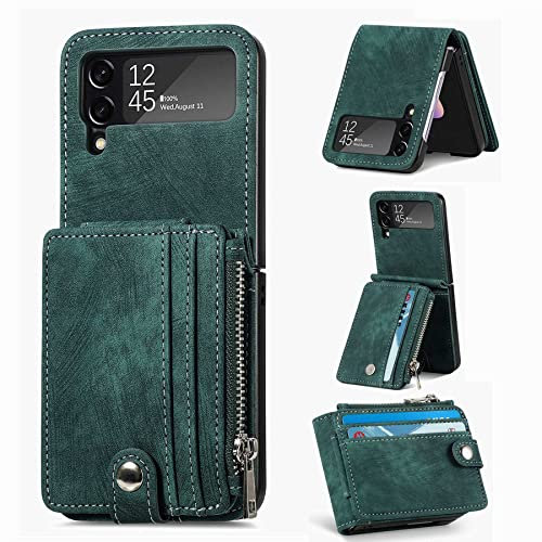 ZCDAYE Hülle für Samsung Galaxy Z Flip 4 Handytasche mit abnehmbarem Kartenhalter, Samsung Z Flip 4 Handyhülle aus PU Leder Klapphülle Schutzhülle für Samsung Galaxy Z Flip 4 Case, Grün