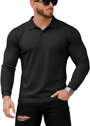 Muscle Cmdr Hombres Slim Fit Muscle Polos Camisas de Manga Larga Stretch Quick Dry tee Casual Golf Athletic Camisetas (Negro M)