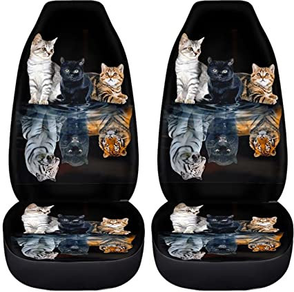 chaqlin Set von 2-Pcs Tier Auto Sitzbezüge mit niedlichen Tiger Katze Print Vordersitze Protektoren Damen Herren Schwarz Eimer Sitzbezug Kissen Universal Auto Innenausstattung Zubehör