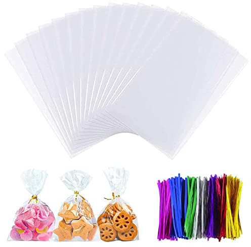 50-pack cellofanpåsar, matkakapåsar Klara cellofanpåsar med 50 st Mix Colors Twist-band för presenter, förpackning, inslagning av godispåsar, genomskinliga presentpåsar (6 x 10 tum)