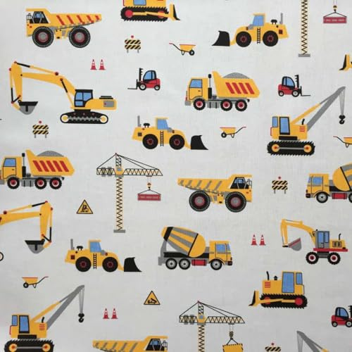 je 1m Meterware: Jungen Baumwollstoff mit Fahrzeuge auf Baustelle - Stoffe zum Nähen für Kinder - Kinderstoffe mit Baustellenfahrzeuge - jeweils 100x160cm fester Baumwollstoff