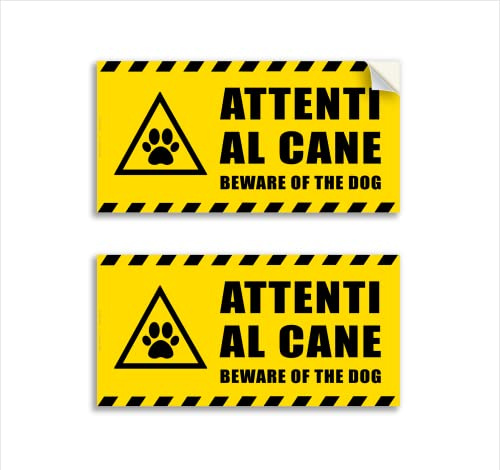 2 Adesivi Attenti al Cane, in italiano e inglese Beware of the dog cartello segnaletica di sicurezza, in vinile morbido, impermeabile, misura 20x10 cm