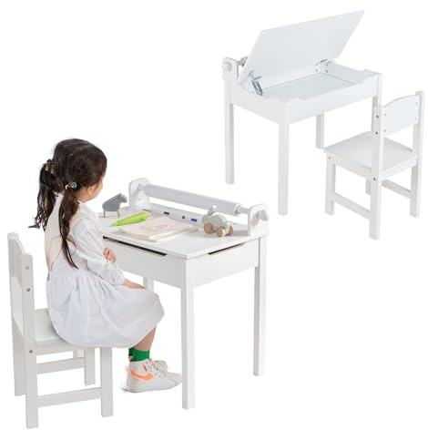 LIFEZEAL Juego de Mesa y Silla Infantil, pupitre Escolar con Silla y cajón, Escritorio con Tablero Plegable y portarrollos de Papel, Conjunto de pupitre para niños de 3 a 12 años (Blanco.)