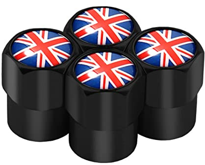 Marcraft Schwarze Union Jack Reifen-Ventilkappen aus Legierung (4 Stück) Universal für Autos, SUVs, Fahrräder, Motorräder, LKWs | luftdichte Gummi-Dichtung | zum Aufschrauben