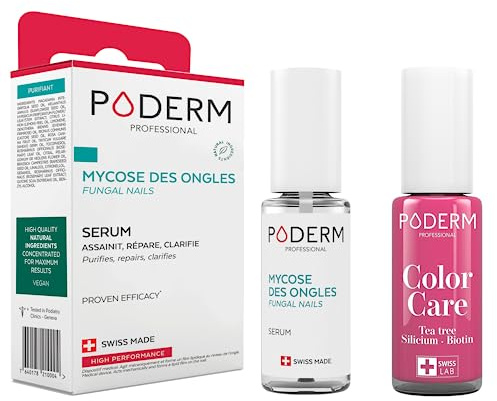 PODERM - LOT 2 PRODUITS | MYCOSE ONGLE TRAITEMENT | Best Seller | Soin professionnel pied/main | Facile & rapide | Swiss Made + Vernis Framboise TEA TREE - Traitement des Ongles Abîmés par MYCOSE