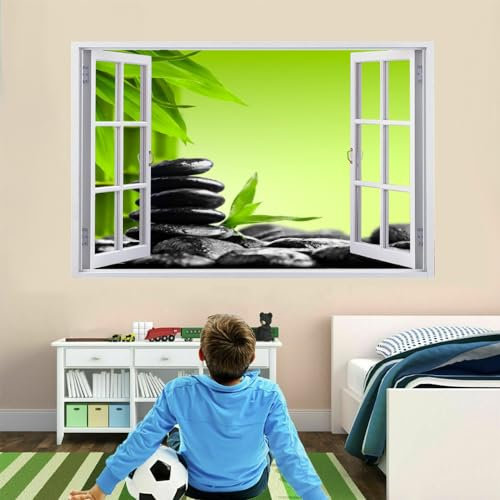 3D Wandaufkleber, Schwarzer Stein Durchbruch Wandtattoos Deko Wand Selbstklebend Grüner Bambus, Wand Aufkleber Wanddurchbruch Wandsticker für Zuhause, Badezimmer, Schlafzimmer, Wohnzimmer 67x45cm