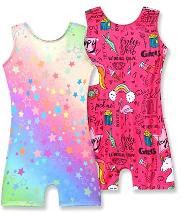 Nymphperi Gymnastics Leotards for Girls Size 5-6 Years Old 2 Pack Rainbow Star Unitards Sleeveless Hot Pink Unicorn Biketard