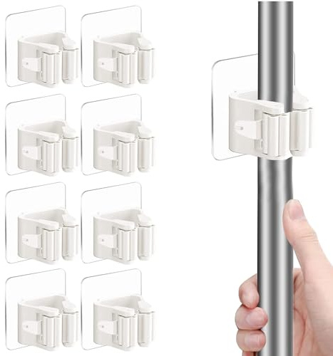 8 Stück Selbstklebender Mop-Halter, wandmontierter Organizer-Clip, Besen-Clips ohne Bohren, für Badezimmer, Küche, Büro,Schrank, Garten, Garage, Hauswirtschaftsraum, Werkzeugregal-Aufbewahrung – Weiß