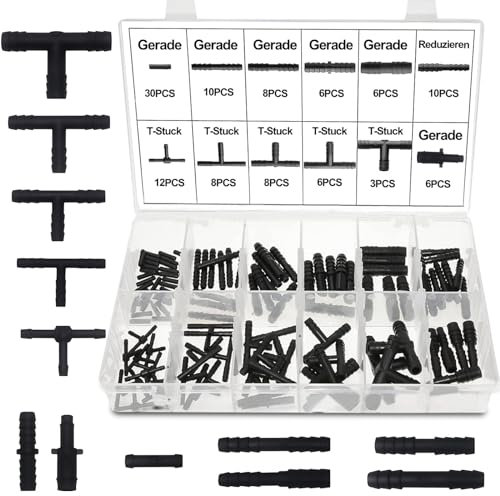113 Stück Schlauchverbinder Sortiment, T-Verbinder Schlauchverbinder Set Bewässerung Anschluss Kit chwarz Universal T-Stück Gerade Schlauchverschraubungen für Gärten KFZ Tropf Sprinkler