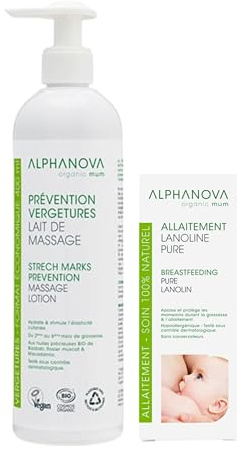 ALFANOVA | Lanolina pura 40ml + Latte da massaggio antismagliature 400ml | Protegge e lenisce i capezzoli | idratante ed emolliente | Reidrata dall'interno | Vegano | Biologico