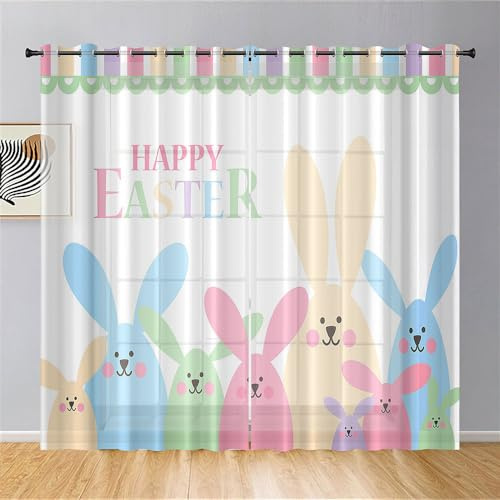 ENEN Modern Halbtransparent Bistrogardine, 2er Set Scheibengardinen, Ostern - Schlaufengardinen Gardinen Küche Türgardine für Kleine Fenster Küche Wohnzimmer (55x95cm,Mehrfarbiges Kaninchen)