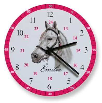 Faramosa Kinderwanduhr Pferd Lernuhr Wanduhr mit Namen Kinder Deko Pink Kinderzimmer Uhr
