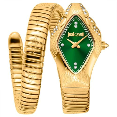 Just Cavalli Damenuhr, rotgoldenes Gehäuse, silberfarbenes Zifferblatt, zweifarbiges Silber- und Roségoldfarbenes Metallarmband, 2 Zeiger, 3 ATM