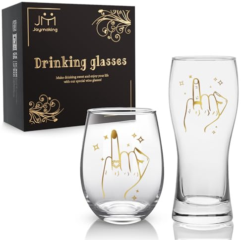 Joymaking Wine and Beer Glass Set for Couple - Wedding, Engagement, Bride to Be Gift - His and Hers Glasses for Bride and Groom - Married Decorations 15oz