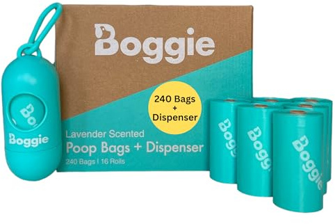 Boggie Dog Poop Bags | Extra Thick, Leak-Proof & Lavender Scented, Eco-Friendly Recycled Plastic, 240 Bags + Dispenser