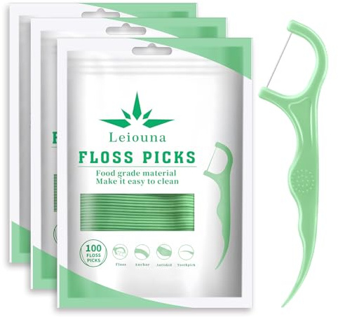 Leiouna Dental Floss Picks 300 Count,Tooth Picks Thread Flossers Easy Grip Handle for Adults Kids Teeth Cleaning, Unflavored Toothpick Stick Soft,Tight Spaces Cleaning (300)