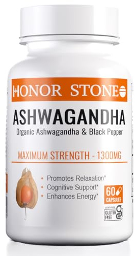 Honor Stone - Organic Ashwagandha with Organic Black Pepper, High Strength 1300mg. 60 Vegan Capsules. Promotes Calm, Relaxation & Cognitive Support. Premium Ashwagandha Root. (Not gummies or powder)