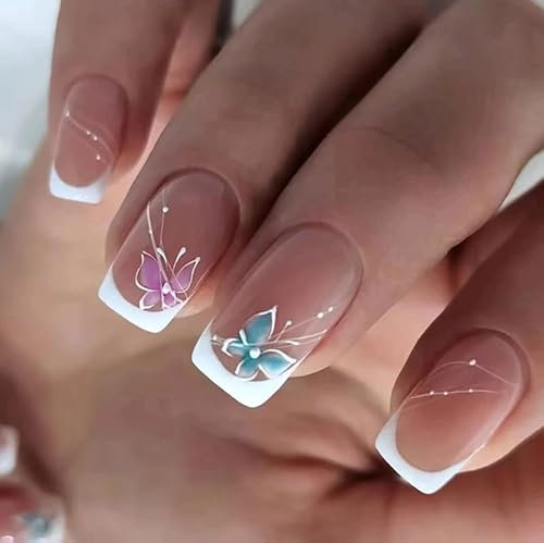Hebterrka 24 Stück Kurze Press On Acrylnägel mit Schmetterlingsdesign, Wiederverwendbare Vollabdeckung Künstliche Nägel für Frauen, Inklusive Nagelkleber