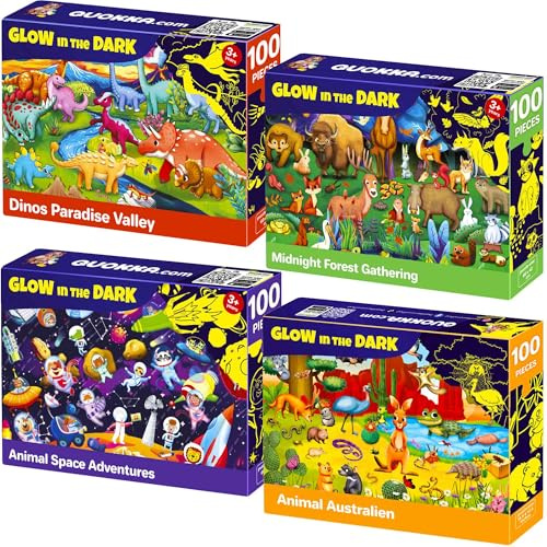 QUOKKA Pussel Från 4 5 För Barn - 4x100 Bitars Rampussel Från 5 6 Pojkar Och Flickor - GLOW-Pusselspel Med Utrymme - Dinosaurier - Djur - Present Till Barn 6 7 8 År