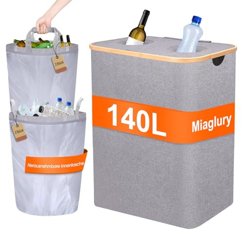 Miaglury 140L Pfandflaschen Sammelbehälter 2 Fächer, Pfandflaschen Aufbewahrung, Faltbar 2 XXL Tragetasche Pfandbehälter mit Loch, Leergut Sammelbehälter,Pfandflaschen Behälter mit Deckel, Grau