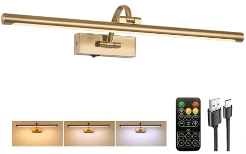 Tassuowell Picture Light Battery Operated with Remote, 3CCT Dimmable Picture Light for Paintings, Brass Rechargeable 24 inch Battery Operated Wall Sconce for Art Lighting Gallery Portrait Artwork