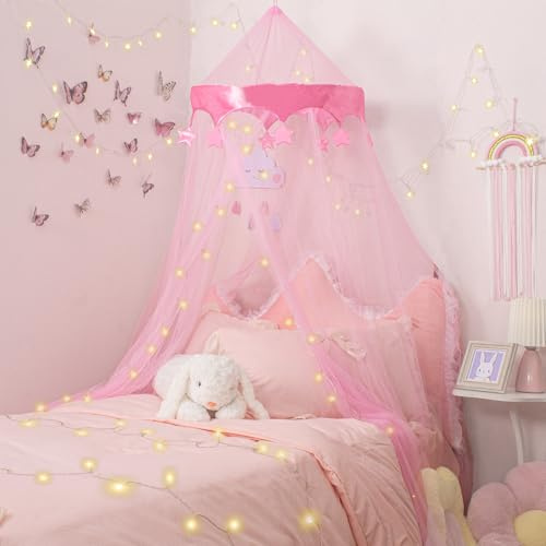 Temopow Toldo de cama de princesa con estrella rosa claro mosquitera para jugar juegos casa para decoración de dormitorio de niñas