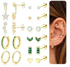 CASSIECA 10 Paar Piercing Ohr Gold Chirurgenstahl Ohrringe Medizinische Ohrstecker Set CZ Blume Hypoallergene Gold Conch Tragus Mehrfach Schmuck