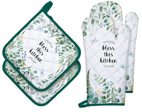 Arquiel Guanti Da Forno Presina Set Di 4, 100% Cotone Addensare Guanti Da Forno A Microonde, Presine Da Cucina Morbida Resistenti Al Calore Per Arrostire, Cuocere（Foglie di eucalipto）