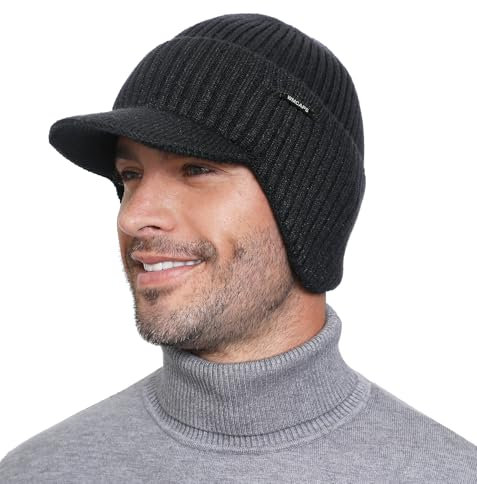 Wmcaps Wintermütze mit Ohrenschützern, Strickmütze für Herren Dickes Warmes Futter Wind und Kältefest Ski-Gehörschutz, Geschenke für Männer Frauen Freundinnen, Dunkelgrau