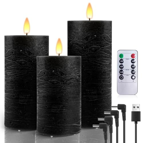 AiiBowy LED Kerzen Aufladbar USB Echtwachs [3er-Set] mit timerfunktion, Kerzen Flackernde Flamme, Adventskranz, LED Stumpenkerzen Outdoor für Halloween Weihnachten Dekoration Schwarz