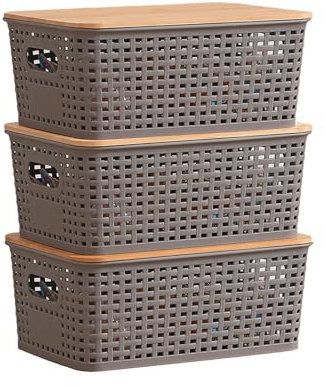 Kongming 3 Stücke Aufbewahrungsbox mit Bambus Deckel und Griff, 5l Kunststoff Bad Organizer Klein Aufbewahrungskorb Boxen Aufbewahrung für Küche Badezimmer Schlafzimmer Balkon 25x18x10cm (Grau)