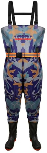 ENEN Wathose Herren Damen Wasserdicht Neopren gr 36-46 Wathose mit Stiefeln, Atmungsaktiv Verstellbare Schultergurte Anglerhose Angelhose Watstiefel Angelbekleidung (Blaue Camouflage,45)