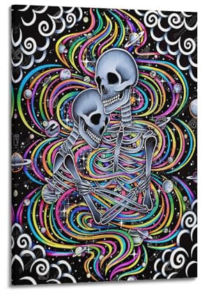 ZCJYMX Dekoratives Gemälde-Poster, romantische Skelette, Umarmung mit bunten kosmischen Spiralen, moderne Familie für Wohnzimmer, Leinwand, Wandkunstdruck, Bild, 50 x 75 cm