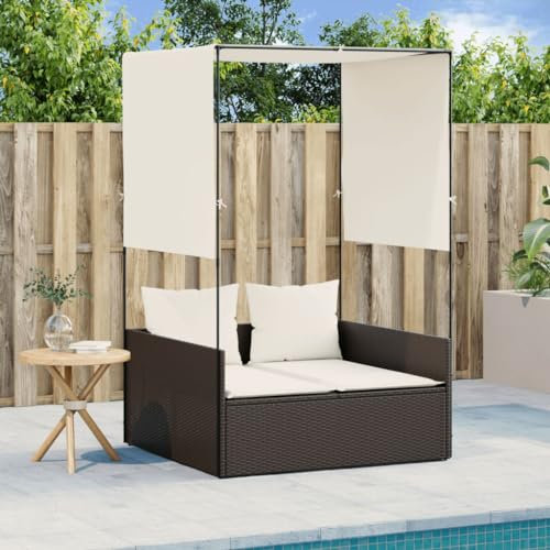 Generisch Doppel-Sonnenliege mit Dach und Vorhängen Braun Poly Rattan,jiangboyue-4002756