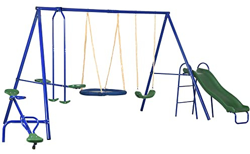 616 lbs Heavy-Duty 5-in-1 Kids Outdoor Swing Set – A-Frame Steel Playset w/Saucer Swing, Slide, Seesaw, Glider & Swing Seat – Durable Backyard Playground Equipment for Toddlers & Children Blue
