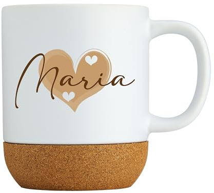 Personalisierte Tasse mit Namen & Rosa Herzen – Namenstasse, Kaffeetasse mit Deckel & Korksockel – Geschenkidee für Frauen & Lieblingsmenschen