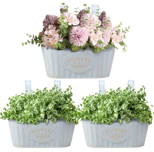 3Pcs Over Fence Flower Pots Vintage Metal Iron Hanging Baskets Outdoor Balcony Planter for Railing, Decorative Oval Rustic Hanging Fence Planter for Garden Porch Balcony Patio Railing Deck (blue)