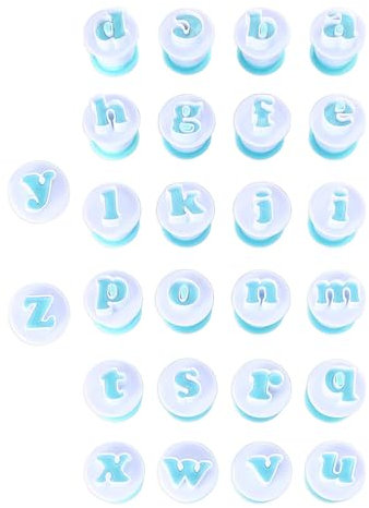 Juego de 26 moldes del alfabeto minúsculas: cortadores de émbolo para fondant, galletas, pasteles, alimentos, plástico seguro, herramientas de grabado fáciles de usar para manualidades de azúcar
