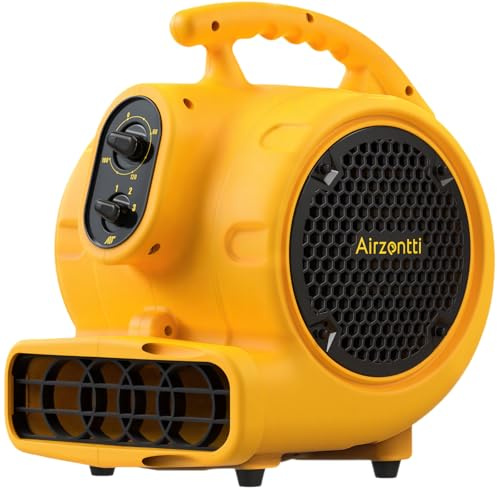 Airzentti Air Mover, 1100 CFM 1/4 HP 200W Blower Fan, Floor Fan Heavy Duty with 3 Speeds and Timer, Stackable Air Blower, Utility Fan for Carpet, Floor Drying and Water Damage Restoration, YELLOW