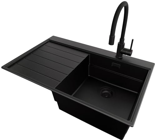PRIMAGRAN Fregadero Granito al Mueble 45cm + Grifo, 78x50cm | Set: Grifo BW6020 + Kit de desagüe (sifón, válvula, rebosadero) + Sydney Ergo 1 Seno para Cocina, Todo Negro